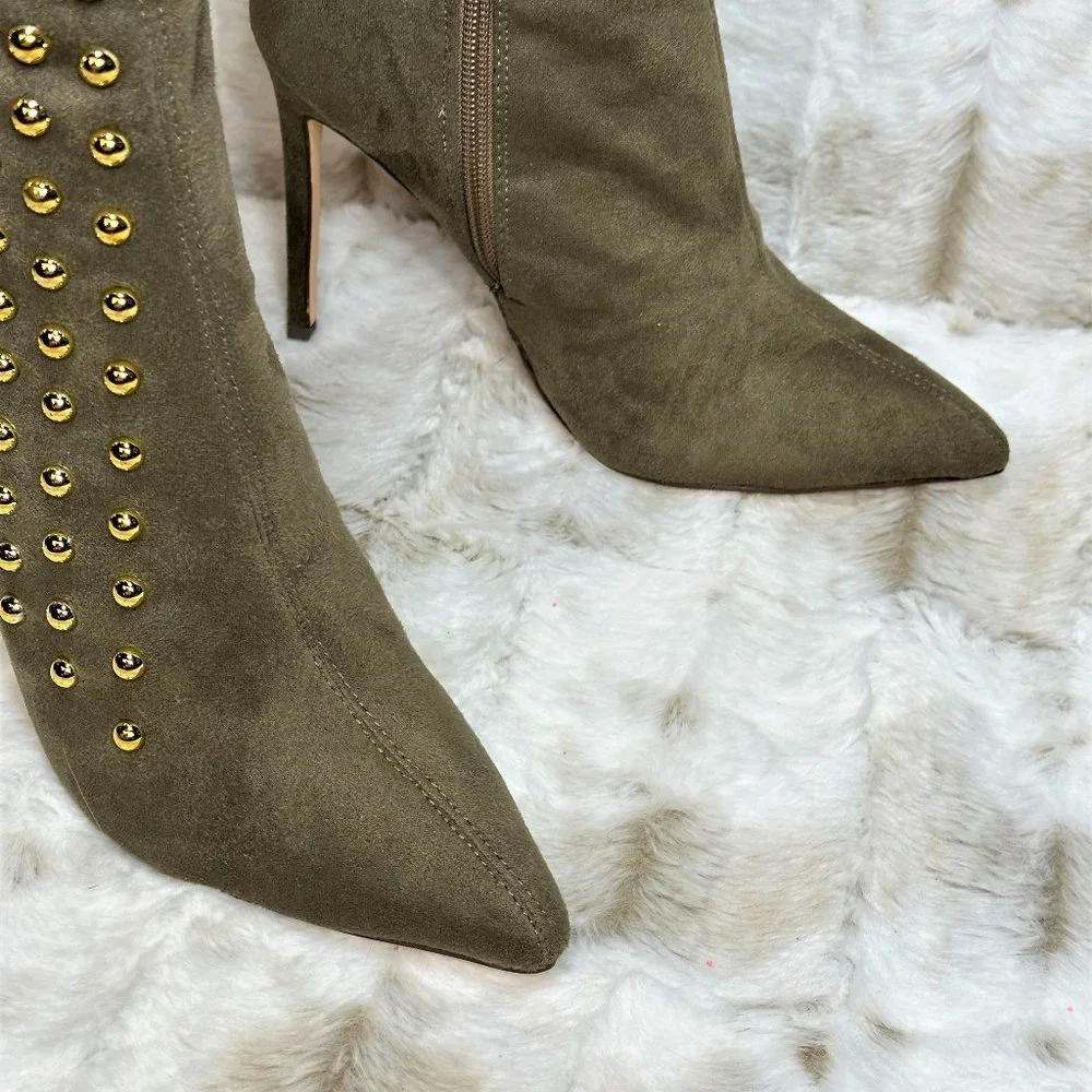 *So Me Olive Army Green Gold Stud Thigh High Heel Boots